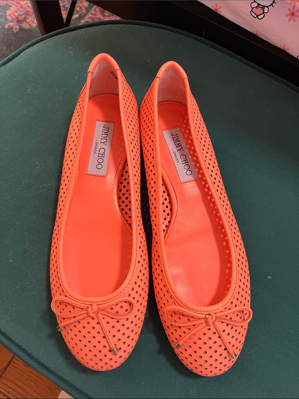 Jimmy Choo Neon Orange Perforated Leather Ballet Flats 37 1/2